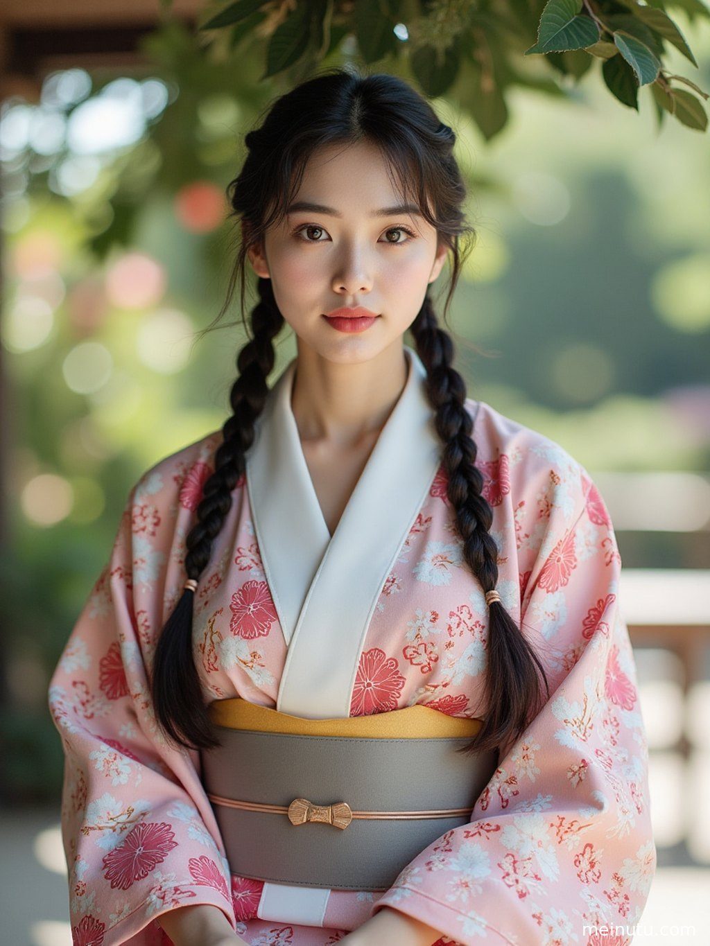 一位成年女性身着素雅和服，在古色古香的日式庭院中凭栏远眺。