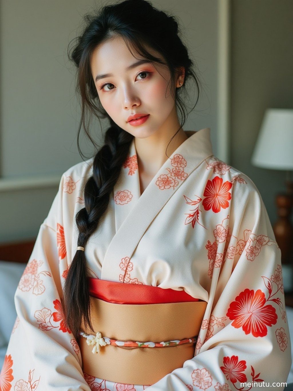 阳光透过竹林洒落在庭院中，一位身着和服的女子静坐于石凳上。