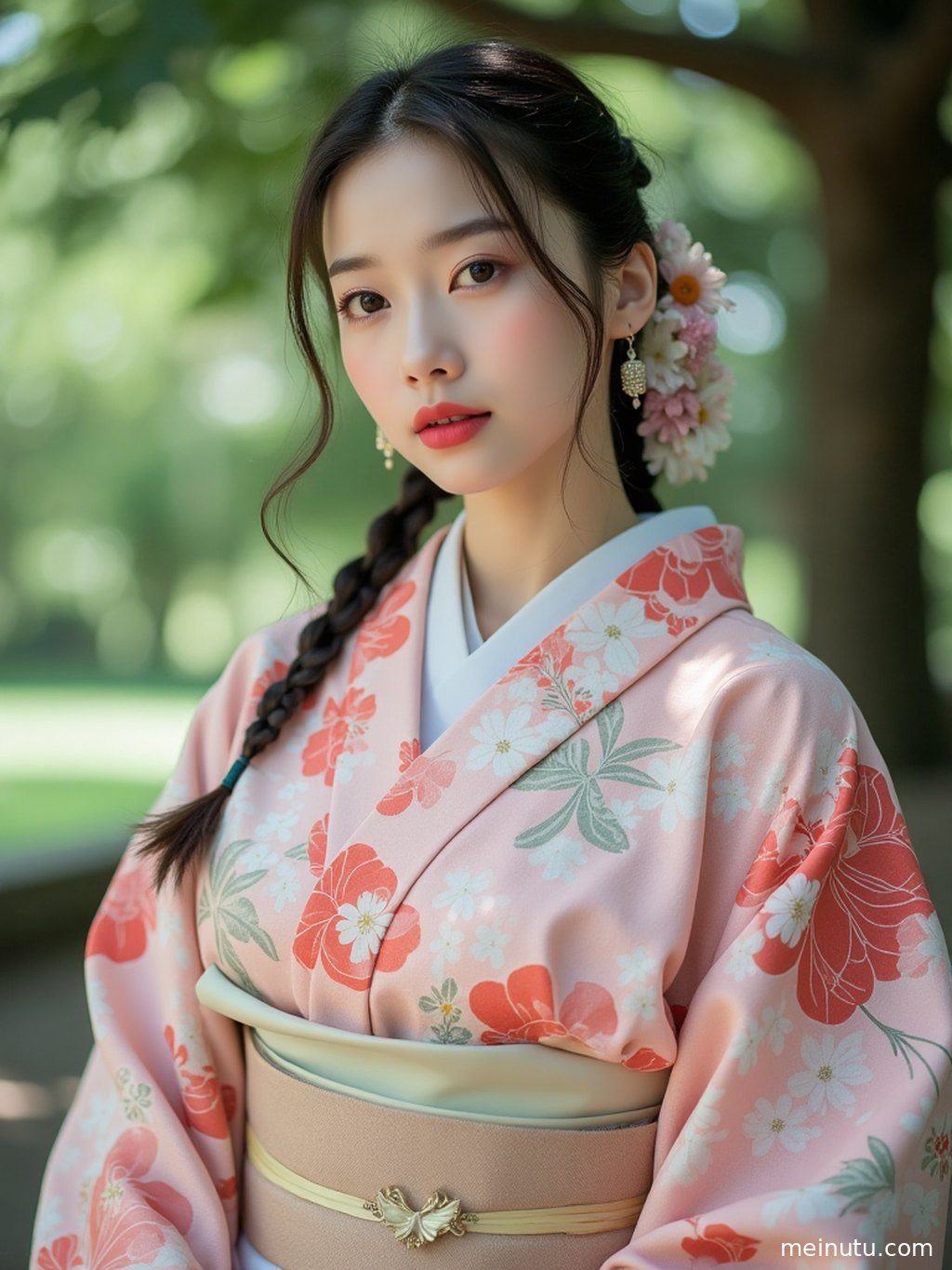和服女子在日式庭院的锦鲤池边，欣赏着水中游动的锦鲤。