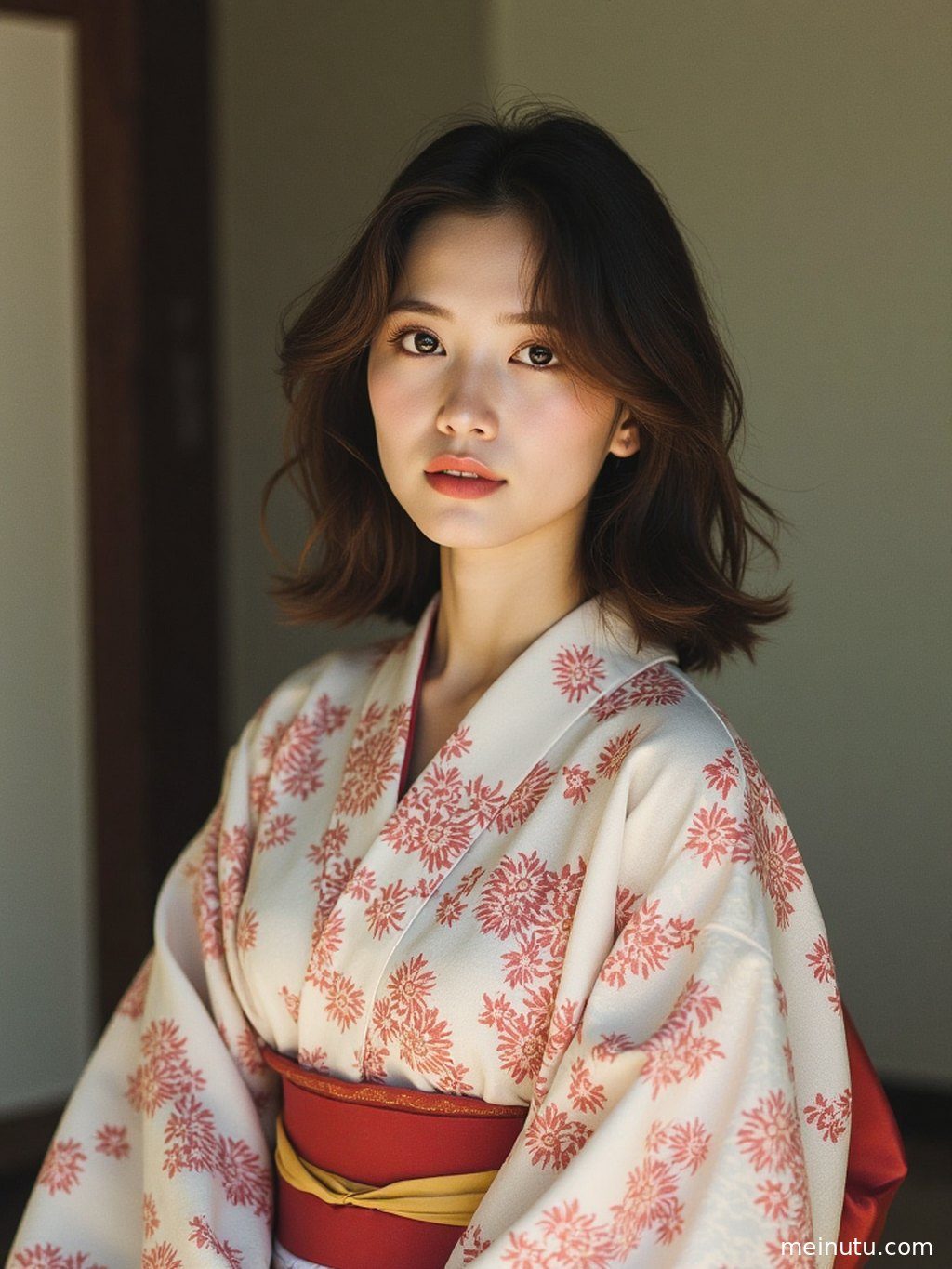 一位成年女子身穿素雅和服，在古朴的廊下回眸，眼神中流露着宁静。