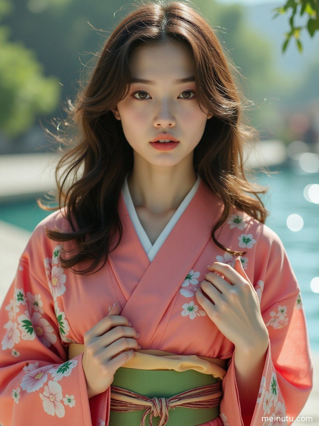 庭院中的枫叶与身着和服的成年女性构成一幅色彩斑斓的画面，充满诗意。