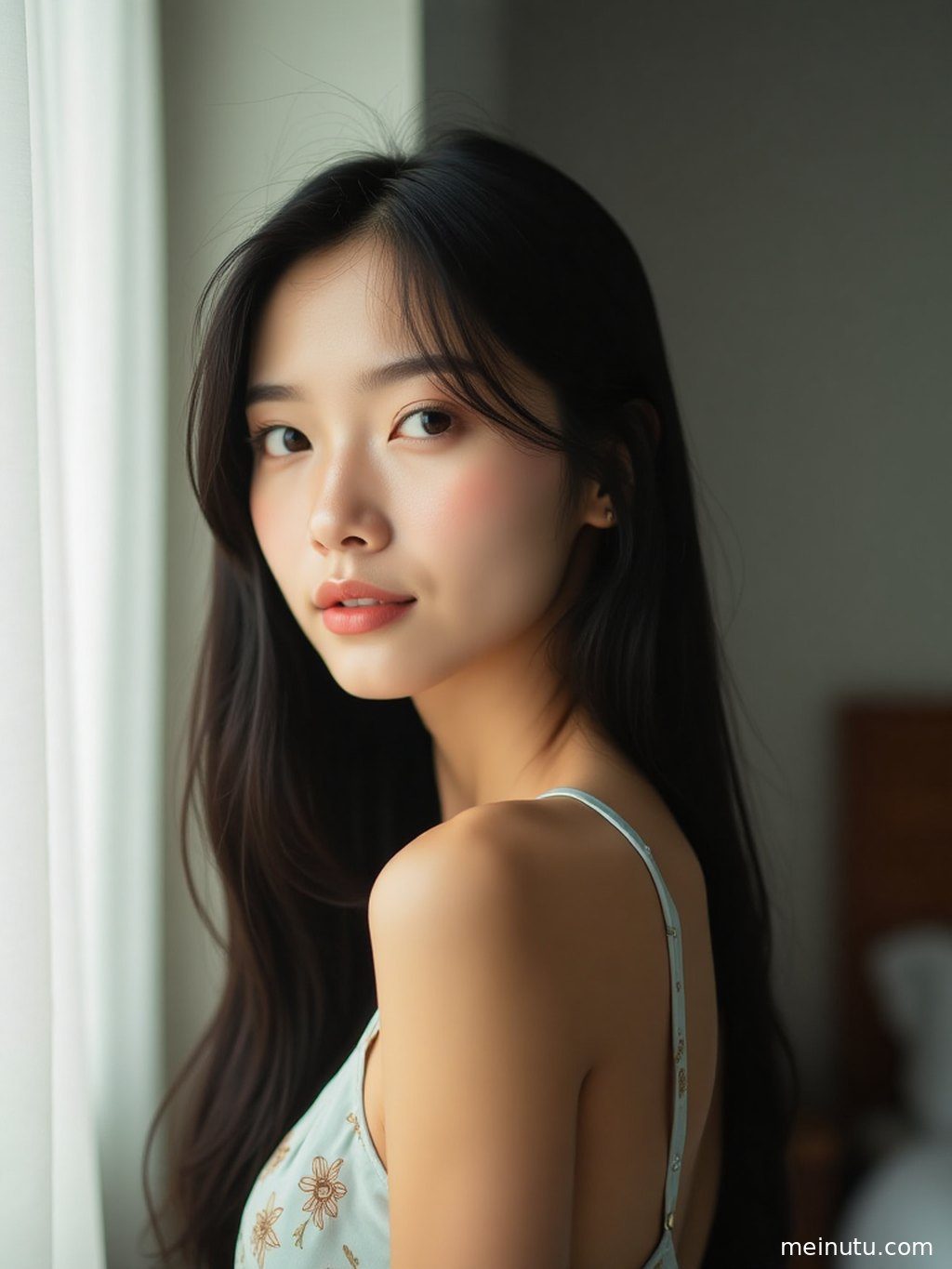 高清半身写真，聚焦成年女性柔和的目光，室内光影细腻，氛围感十足。