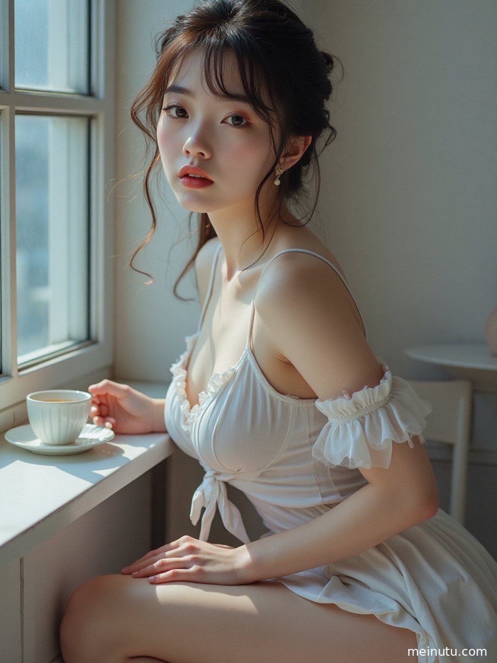 年轻成年女性倚靠窗边，享受午后阳光，光影在她脸上留下迷人印记。