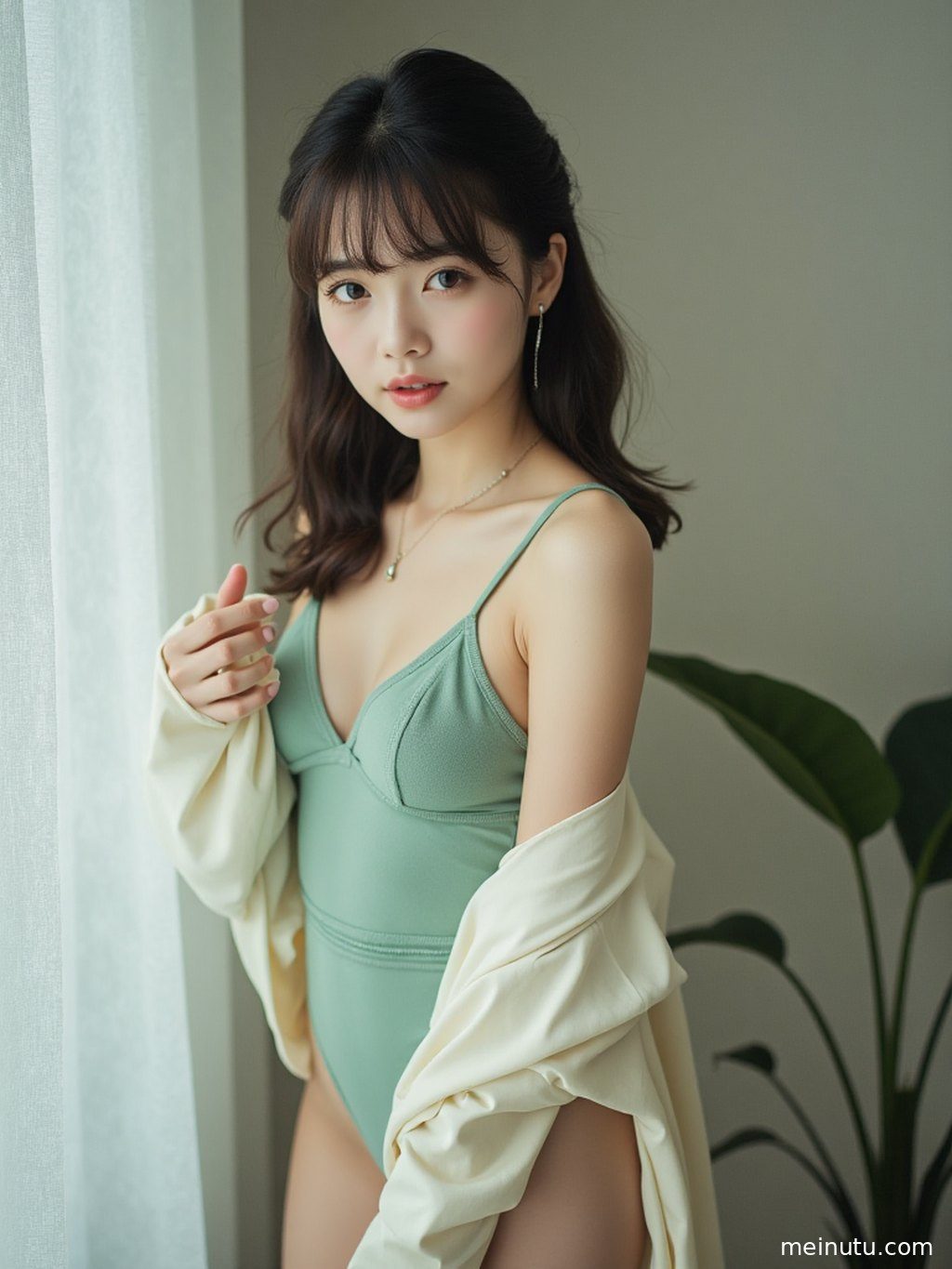 窗外景致与室内光影巧妙融合，勾勒出一位成年女子的优雅侧影。
