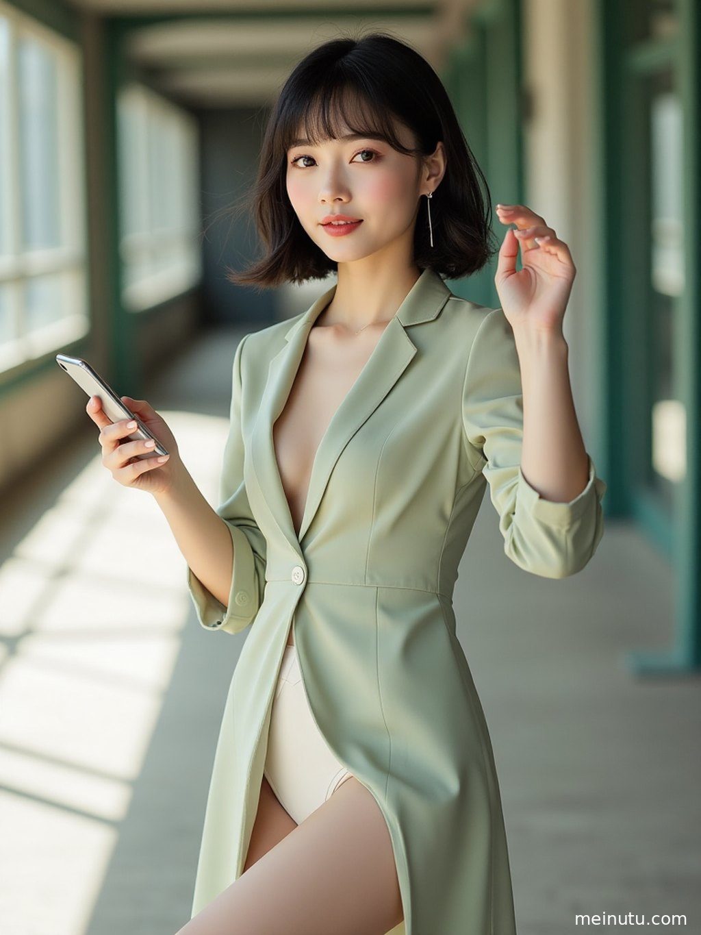身着优雅服饰的年轻成年女子在阳光斑驳的花园中回眸，眼神清澈。