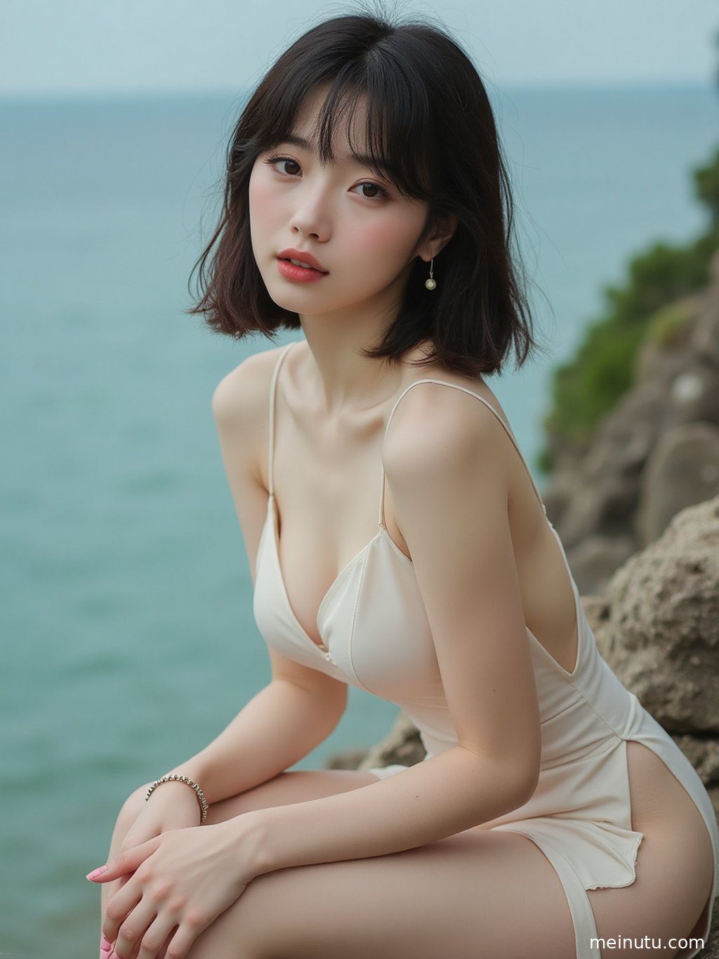 特写镜头下，年轻成年女子精致的妆容与花园中盛开的花朵相映成趣。