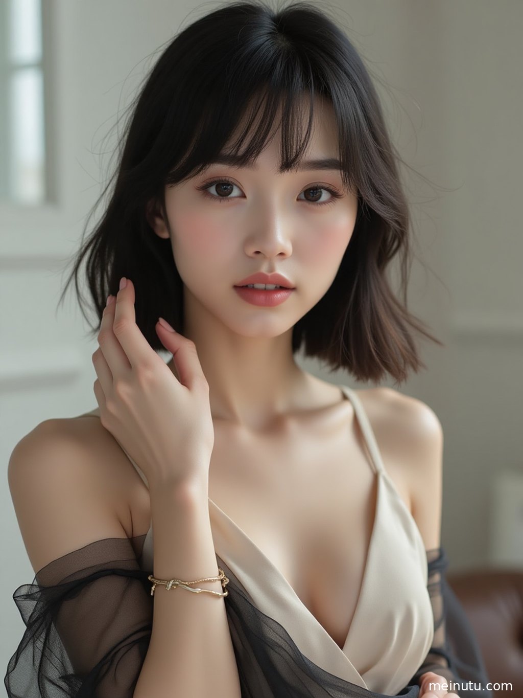电影感光影勾勒出年轻成年女子侧脸的轮廓，背景是模糊的花园景致。