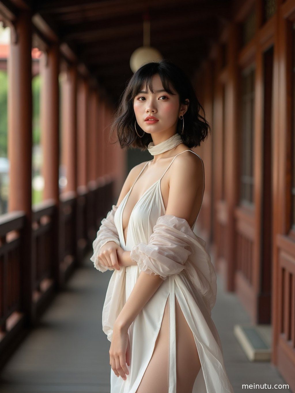 年轻成年女子在落日余晖中漫步于花园小径，画面充满诗意与宁静。