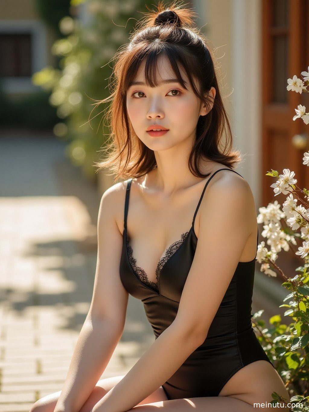 一位成年女子在黄昏的漫射光下，身姿舒展，背景是朦胧的天空。