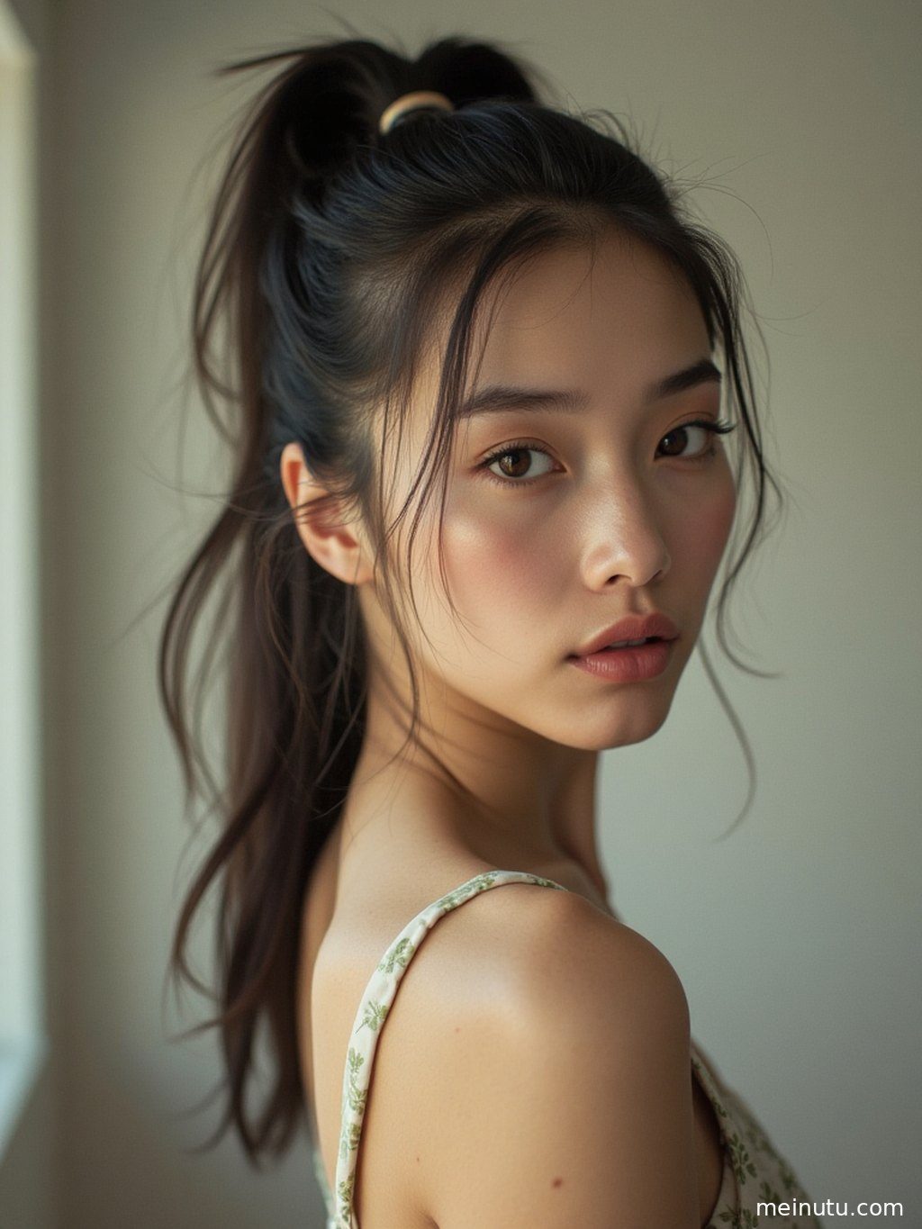 精心设计的庭院背景衬托出成年女子的半身肖像，展现高清画质与自然美感。