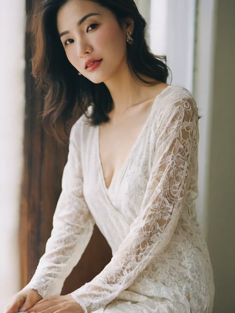 身着时尚便服的成年女性，在街头巷尾的暖色侧光下回眸。