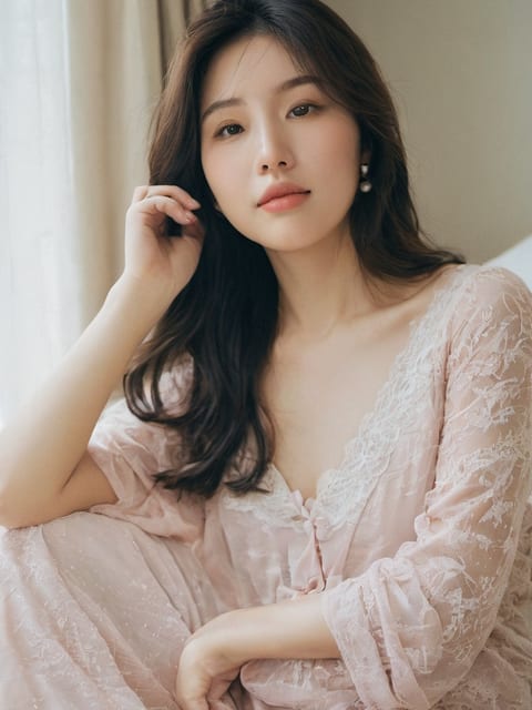 黄昏暖色侧光下，一位成年女性在私房空间展现慵懒姿态。