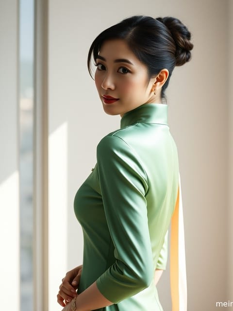 身着黑色旗袍的成年女性，面容宁静，眼神深邃，窗外光线勾勒出侧脸轮廓。