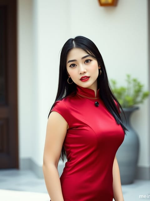 身着改良旗袍的成年女子在黄昏的阴天漫射光下，展现出优雅的全身姿态。