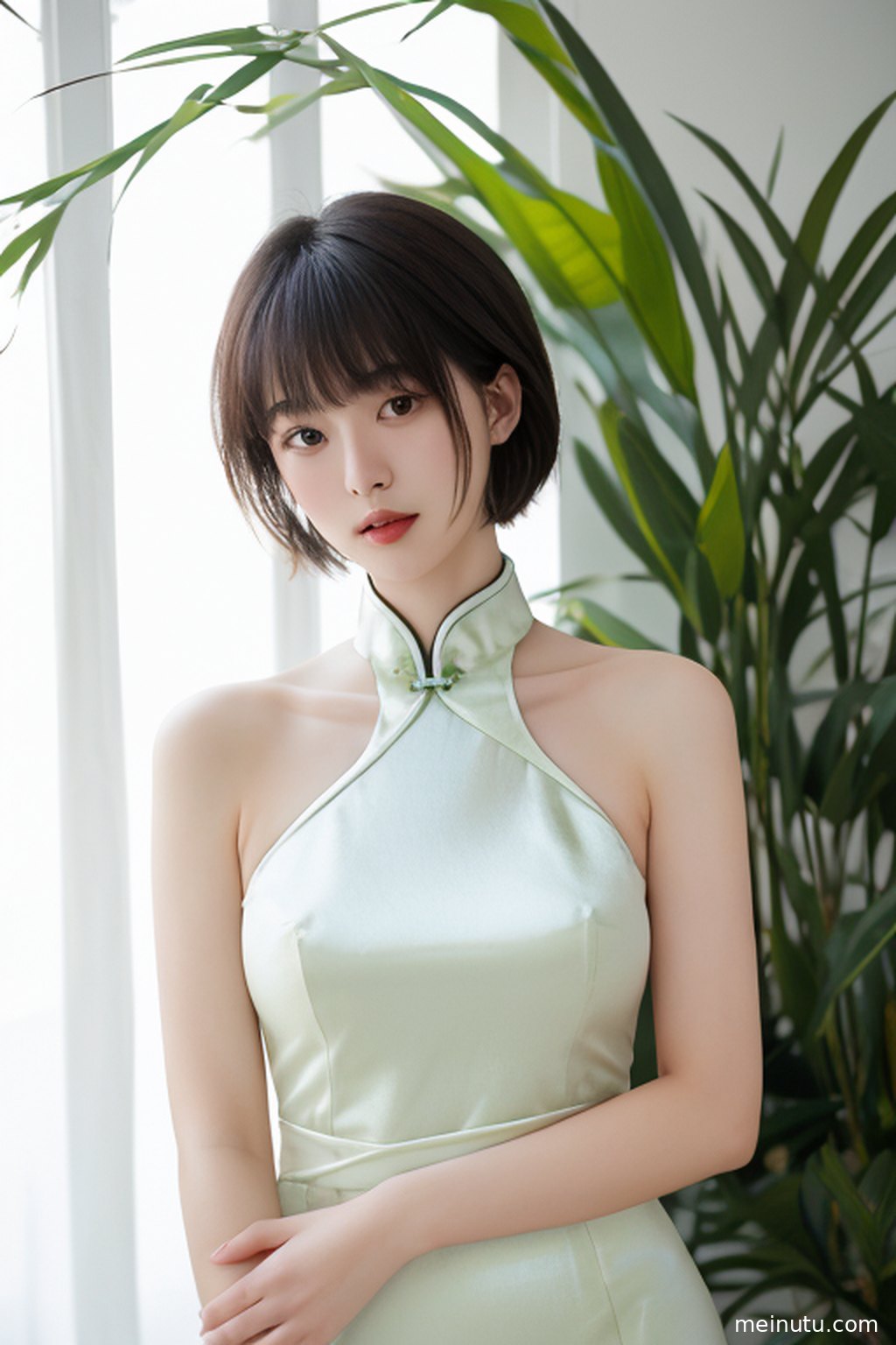 一位身着黑色旗袍的年轻成年女子，在窗边沐浴着柔和的光线，眼神略带思索。