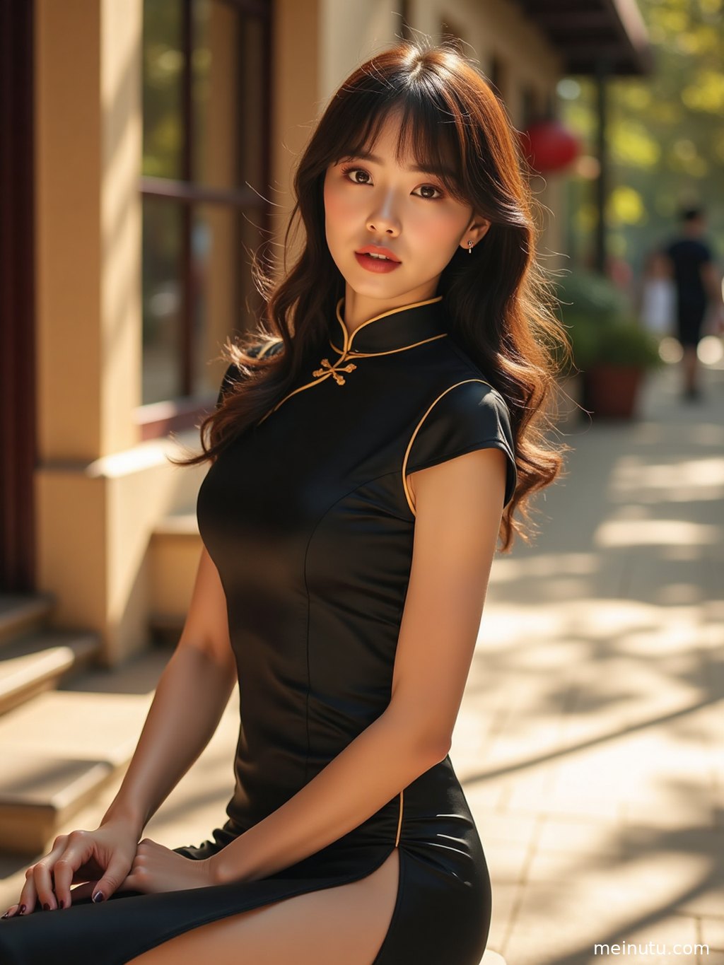 身着经典款旗袍的成年女性，在柔和的自然光下，侧身回眸，眼神中流露出东方女性的婉约。