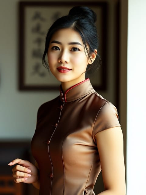 一位成年女子身着优雅的紫色旗袍，在街头暖色侧光的照射下，展现出迷人的侧影，全身构图。