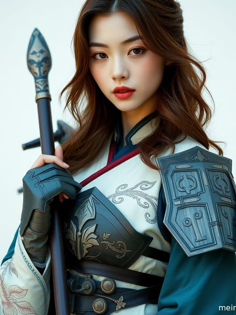 海边柔和逆光下，身着精致Cosplay服装的成年女性半身肖像，眼神灵动。