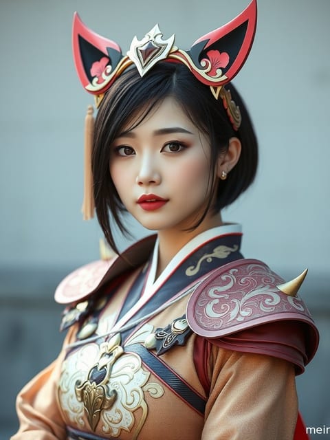 一位身着华丽Cosplay服装的成年女性，在漫展背景下，侧光照亮其全身造型。