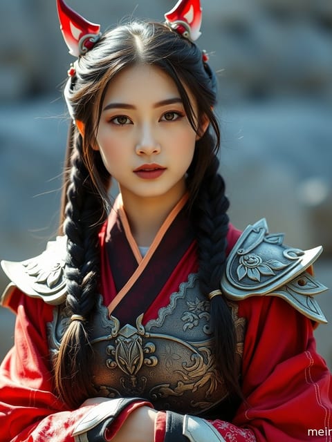身着华丽Cosplay服装的成年女性，在柔和的室内光线下展现迷人笑容。