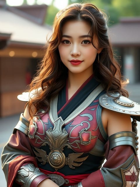 成年女子身着精美Cosplay服装，在黄昏的阴天漫射光下展现迷人侧颜，全身构图。