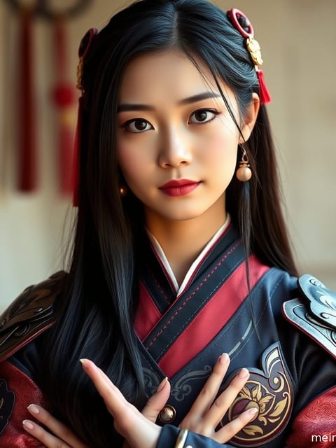 一位身着精致二次元Cosplay服装的成年女子，在晨光下眼神专注。