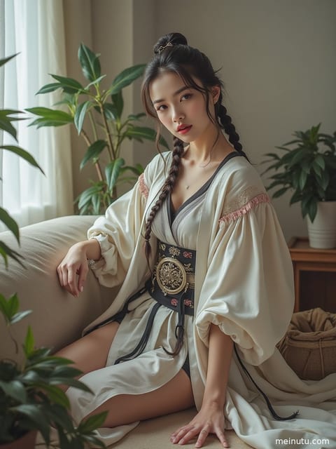 漫展Cosplay角色在窗边，光线勾勒出迷人的侧脸轮廓。