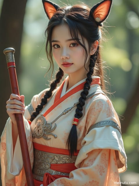 身着华丽原创服饰的成年女性，眼神灵动，姿态优雅。