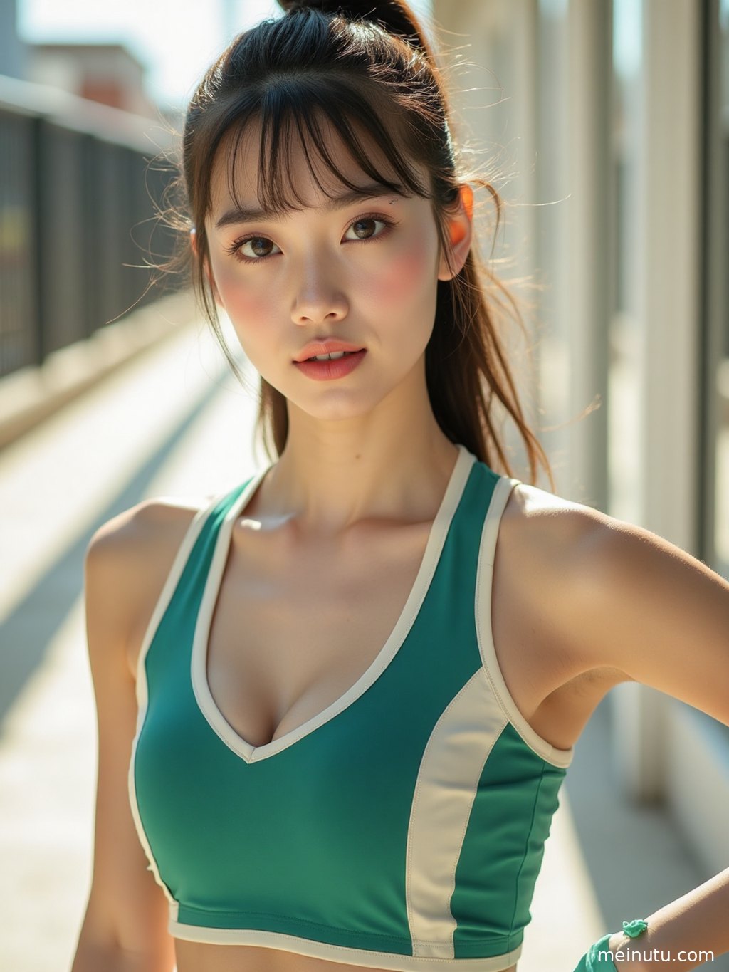 紧身瑜伽服写真，一位成年女性在自然光下展示瑜伽体式。