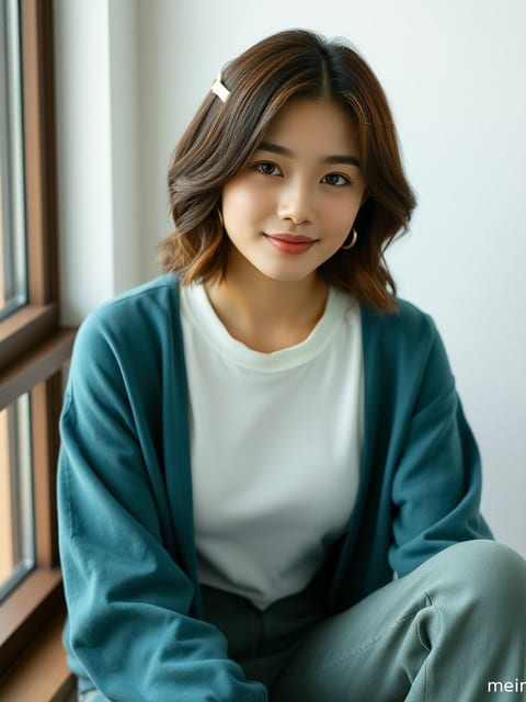 一位成年女子在晨光中回眸，眼神宁静而深邃。