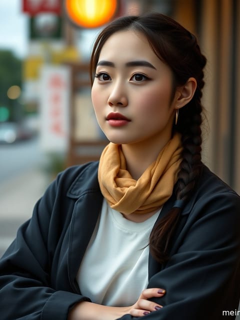 一位气质美女在黄昏时分，侧身沐浴在温暖的侧光下，展现出迷人的侧颜。