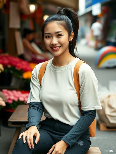 一位身着素雅服装的成年女性，在黄昏的阴天光线下，于户外静静站立，展现迷人侧颜。