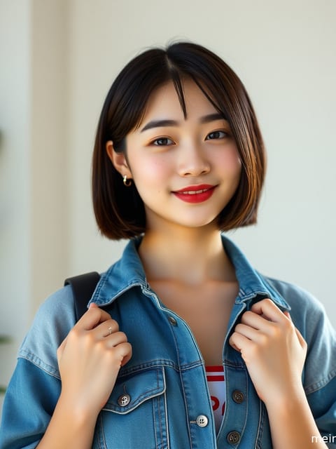 一位穿着时尚的亚洲成年女性站在街头，暖色侧光勾勒出她迷人的轮廓。