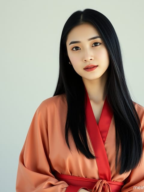 身着汉服的成年女子在古风庭院中，沐浴在柔和的自然光下，半身构图 展现优雅气质。