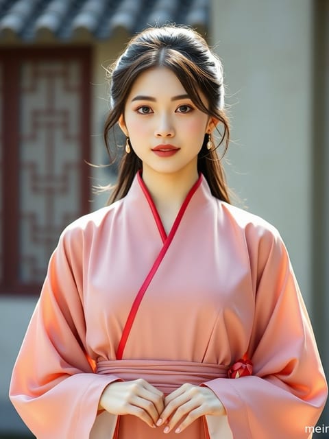 身着华丽古装汉服的成年女子在室内柔光下展现全身姿态。