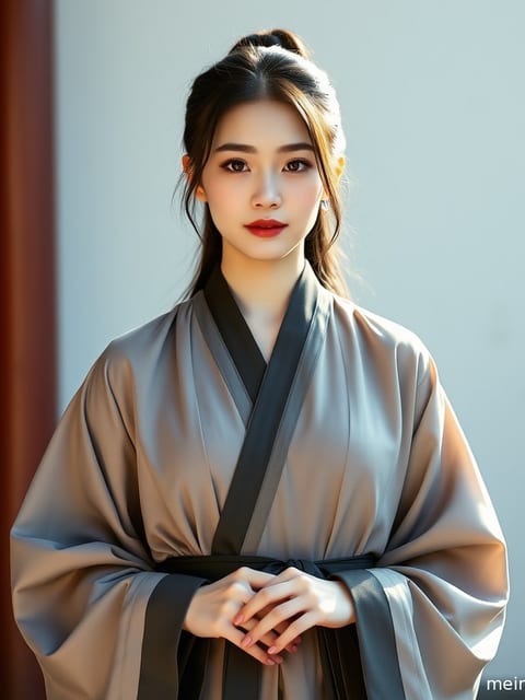 身着唐制汉服的成年女性在黄昏光线下回眸，裙摆随风轻扬。