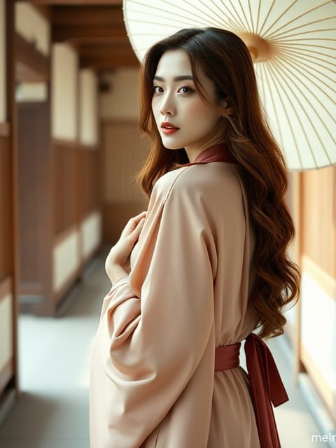 成年女子身着宋制汉服，倚靠在古朴窗边，光影交错间尽显典雅。