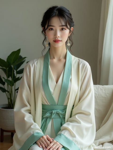 身着汉服明制服饰的年轻成年女性在古典花园中，光影斑驳，尽显东方韵味。
