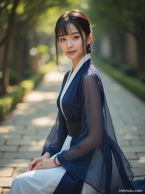 身着唐制汉服的年轻成年女性在极简影棚中，沐浴自然光，气质温婉。