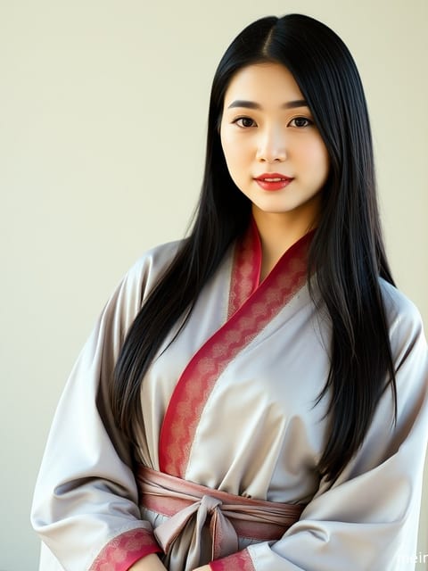 身着华美汉服的成年女子在古韵街头，暖色侧光勾勒全身曼妙身姿。