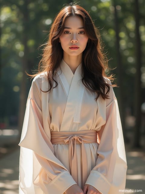 身着华丽唐风汉服的成年女子在庭院中回眸，裙摆似繁花盛开。