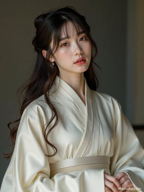 身着华丽唐风汉服的成年女子，在宫廷庭院中回眸，尽显高贵气质。