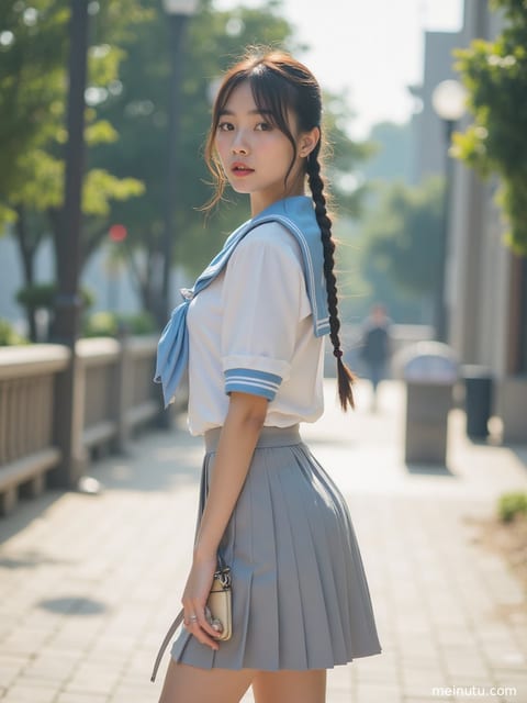 身着短裙JK制服的成年女性，在晨光中展露青春气息。