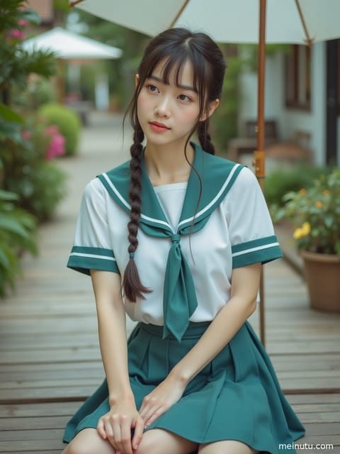 身着JK制服的成年女性，在黄昏的阴天漫射光下，黑丝包裹的长腿显得格外迷人。