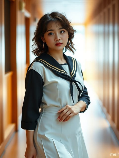 身着JK水手服的成年女子，在晨光中展现清新气质。