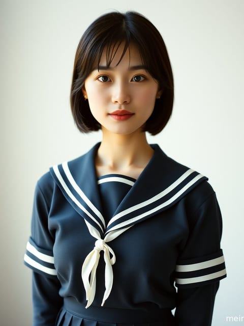 身着JK制服的成年女性在海边，柔和逆光下展现半身肖像。