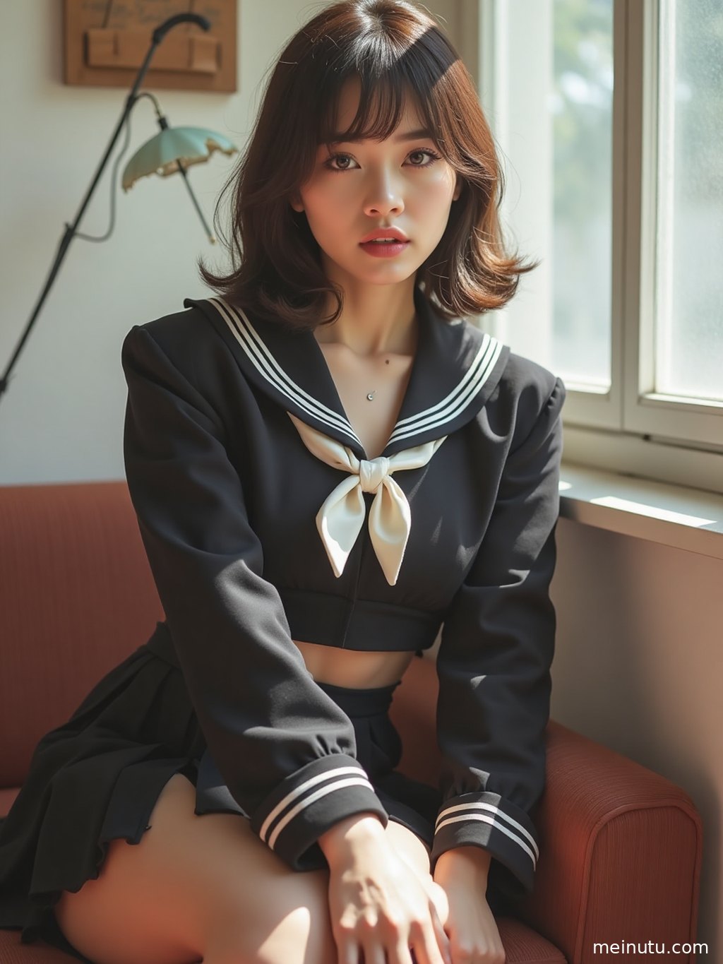 身穿日系制服的年轻成年女性，在极简棚内沐浴自然光，面带甜美微笑。