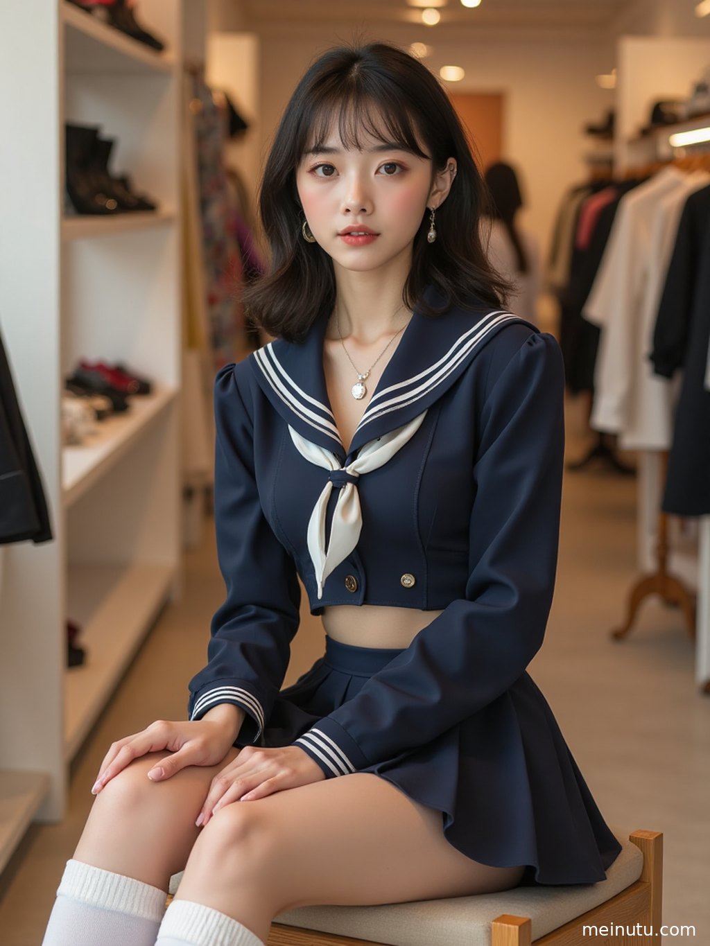 身着JK制服裙的年轻成年女性，站在复古走廊的光影中，展现青春活力。