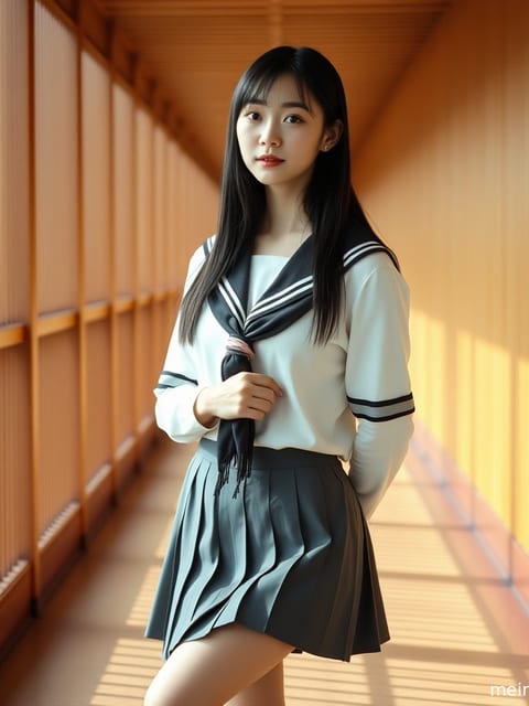 成年女性身着水手服JK制服，沐浴在窗边柔和的光线下，眼神宁静。