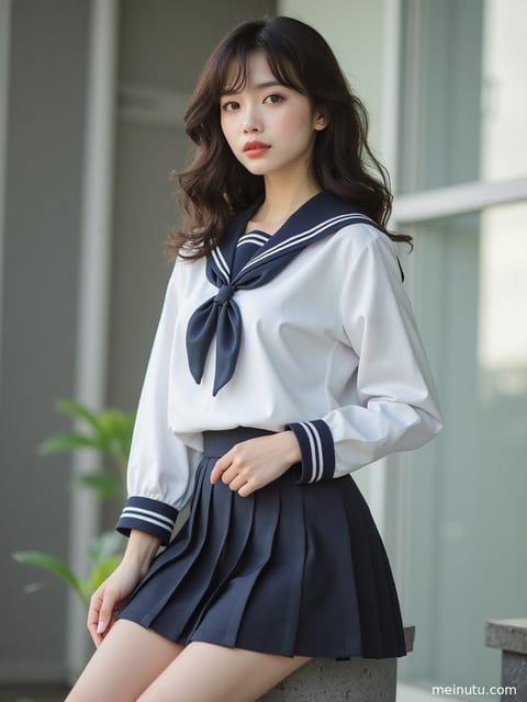 身着经典JK制服的成年女子，在午后暖阳下侧身回眸，画面充满青春气息。